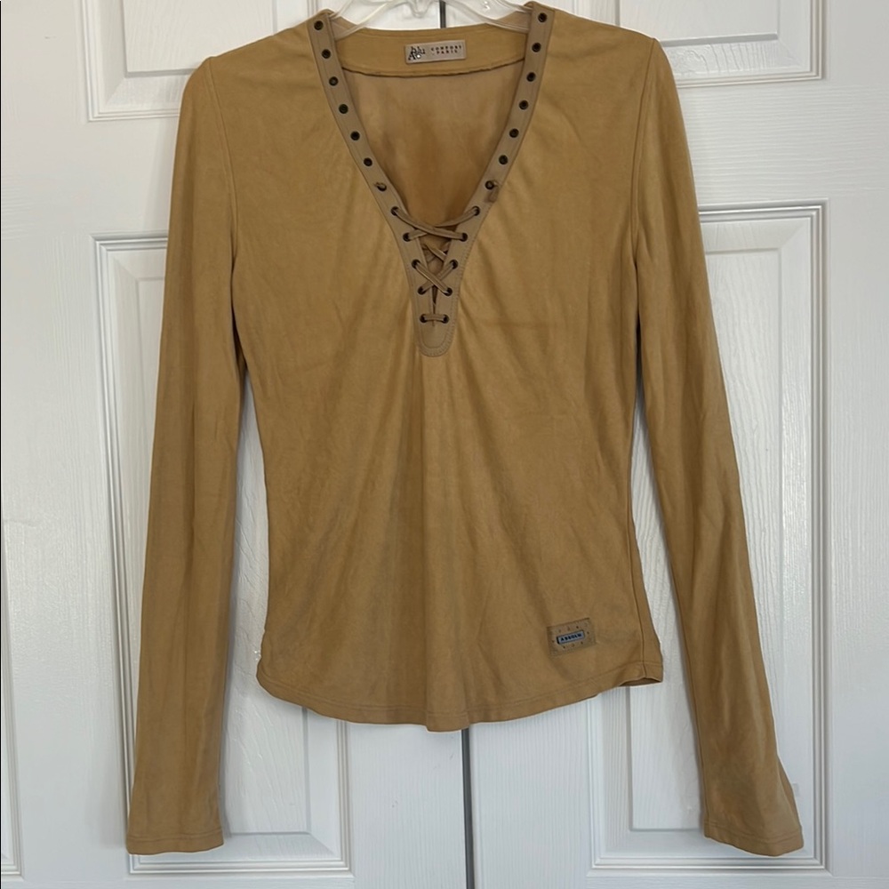 Tan Embellished Fitted Long Sleeve Blouse Soft Suede like fabric V neck Medium